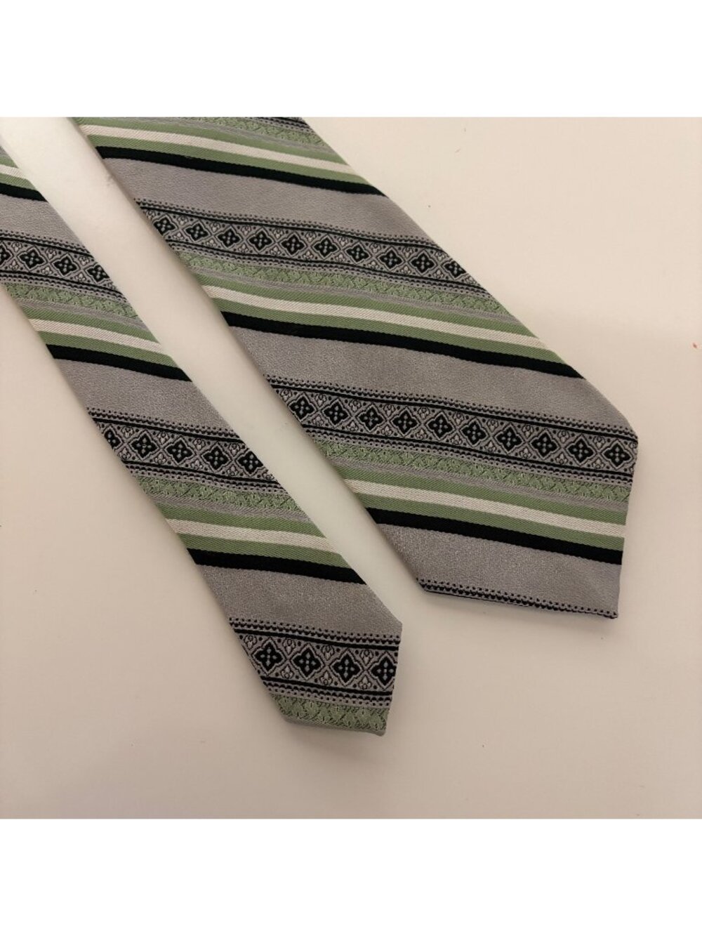 Prince Ferrara Vintage Tie Mens Polyester Necktie Green Gray Striped Office Gift